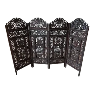 Antique Anglo Indian Teak Hand Carved 4-Panel Screen Room Divider