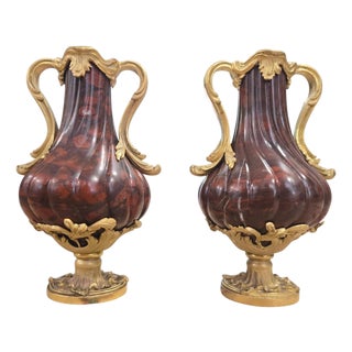 French Turned Red Marble Vases with Gilt Bronze Mounts, 1800, Set of 2 For Sale