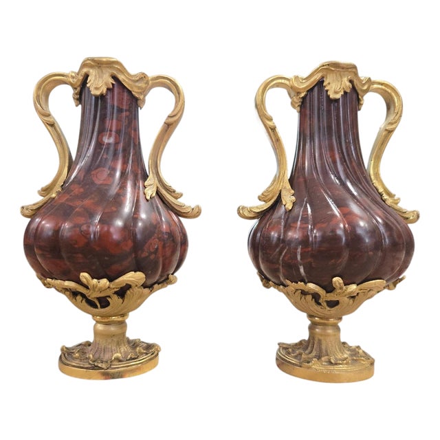 French Turned Red Marble Vases with Gilt Bronze Mounts, 1800, Set of 2 For Sale