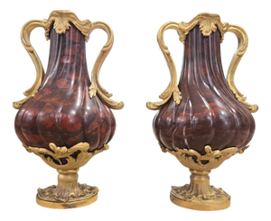 French Turned Red Marble Vases with Gilt Bronze Mounts, 1800, Set of 2