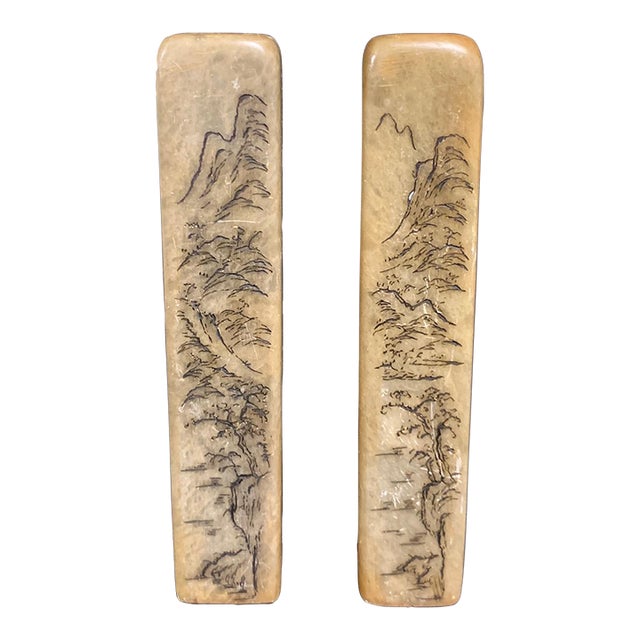 Pair of Vintage Chinese Art Carved Soapstone Seal With Mountain Scenery and Poem Design For Sale