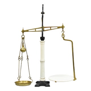 Antique W.& T. Avery English Victorian Brass & Porcelain Balance Beam Scale For Sale