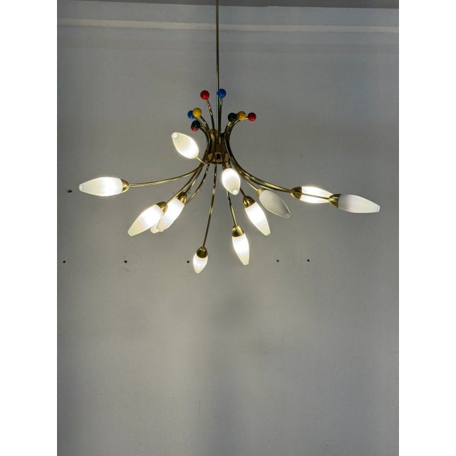 Mid-Century Brass Opaline Glass Chandelier by Rupert Nikoll, 1955 For Sale - Image 13 of 14