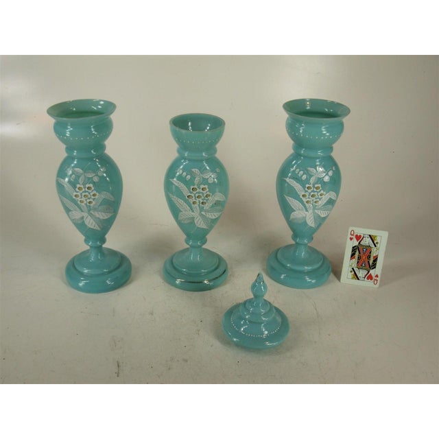 Mid 19th Century Vases Victorian Mantel 3-Pc. Set Bristol Glass Blue Opalescent Hand-Painted Floral Enamel For Sale - Image 9 of 12