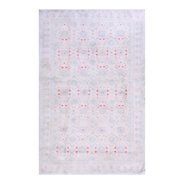 1920s Ivory Diamond Antique Indian Agra Rug 7'x 4' 6" Knotted Cotton Carpet For Sale