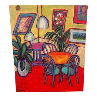 1960s Signed Original Acrylic (Maybe Oil) Painting Colorful Interior Dining Room Mid-Century Modern For Sale