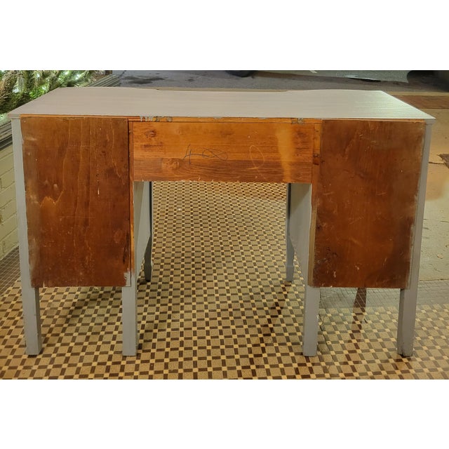 Gray Mid 20th Century Chippendale Mahogany Double Pedestal Writing Desk With Blue-Gray Distressed Finish For Sale - Image 8 of 9