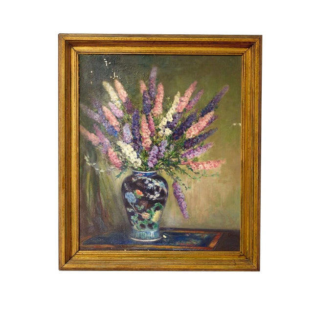 Oil on canvas still life painting of flowers in vase, painted by Texas artist Vallie Fletcher signed lower right circa...