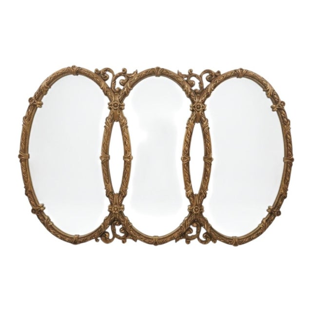 Labarge Vintage Oval Ornate Triple Hollywood Regency Triptych Glamour Wall Mirror For Sale - Image 4 of 10