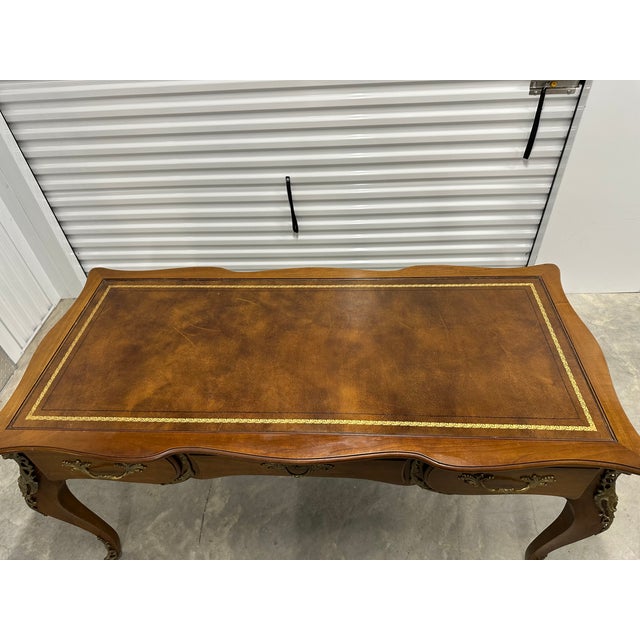 Vintage Karges French Provincial Walnut Executive Writing Desk With Embossed Leather Top For Sale - Image 10 of 18