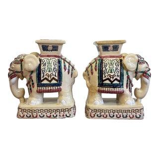 Vintage Ceramic Elephant Motif Garden Stools, a Pair For Sale