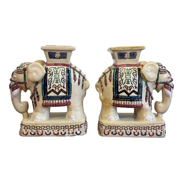 Vintage Ceramic Elephant Motif Garden Stools, a Pair For Sale