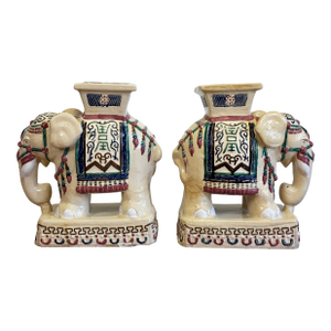 Vintage Ceramic Elephant Motif Garden Stools, a Pair