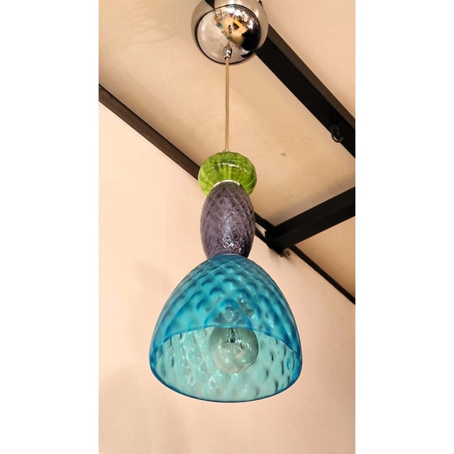 Blue Vintage Italian Hanging Lamp with Hand-Blown Murano Glass, 1980s For Sale - Image 8 of 8