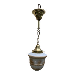 Vintage 1920s Brass Hanging Fixture With Art Deco Acorn Shade For Sale