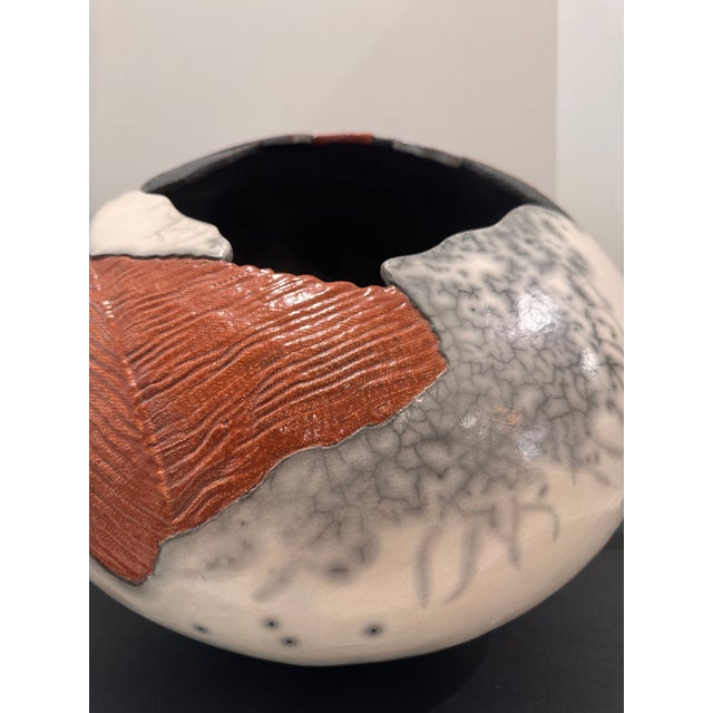 Large Sculptural Studio Pottery Vessel / Pod Form White Crackle Raku-Style Glaze, Textured Panels For Sale - Image 10 of 17