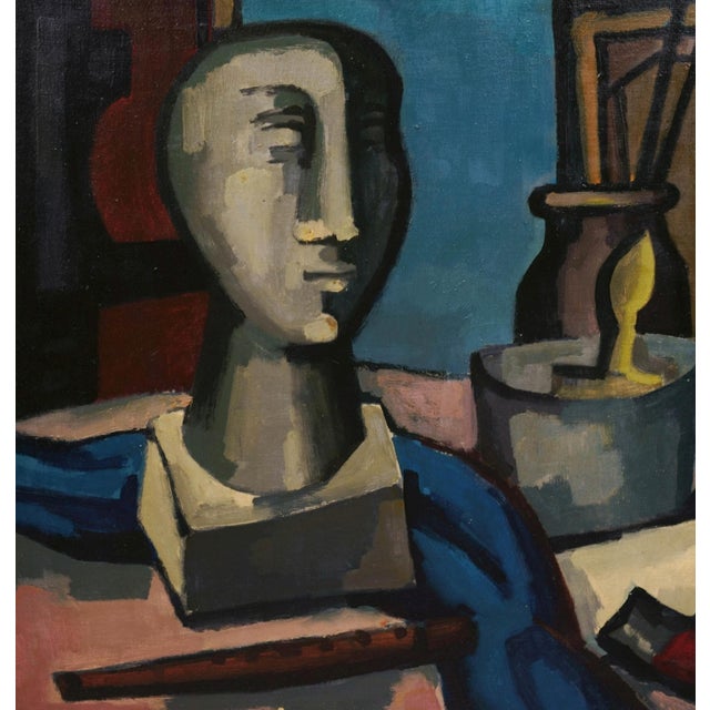 Ev Grüger (1928 Altenburg - 2017 Hofheim), Still Life with Sculpture, Flute, and Painting Supplies, 1956. Oil on canvas in...