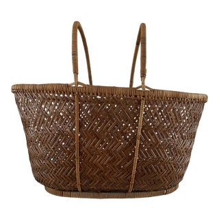 Vintage Rattan Basket With Handles For Sale