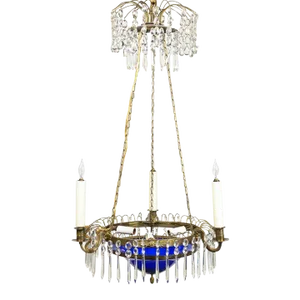 Baltic Crystal, Cobalt Glass, and Gilt-Bronze Three-Light Chandelier