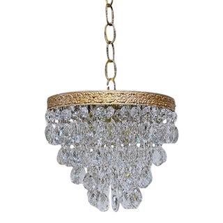 Vintage Multi-Tier Crystal Waterfall Chandelier With Ornate Brass Rim For Sale