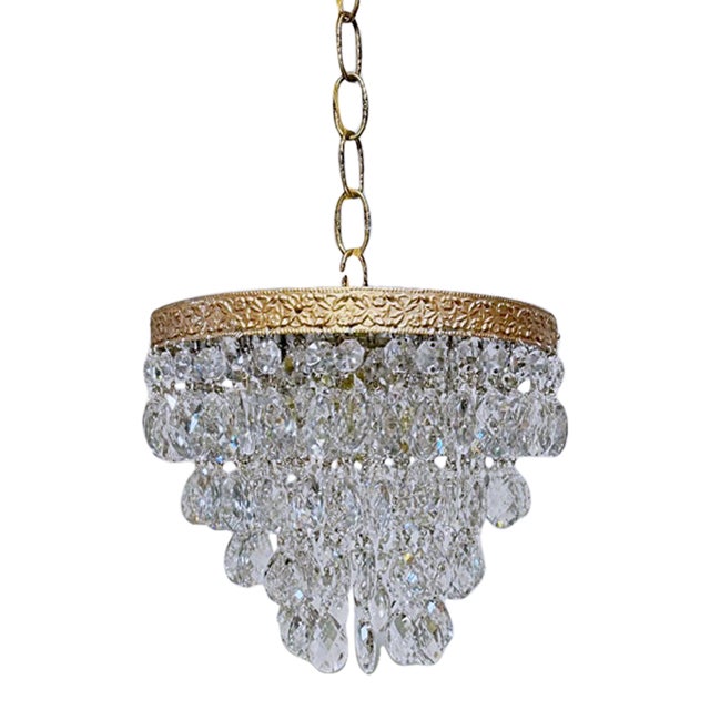 Vintage Multi-Tier Crystal Waterfall Chandelier With Ornate Brass Rim For Sale