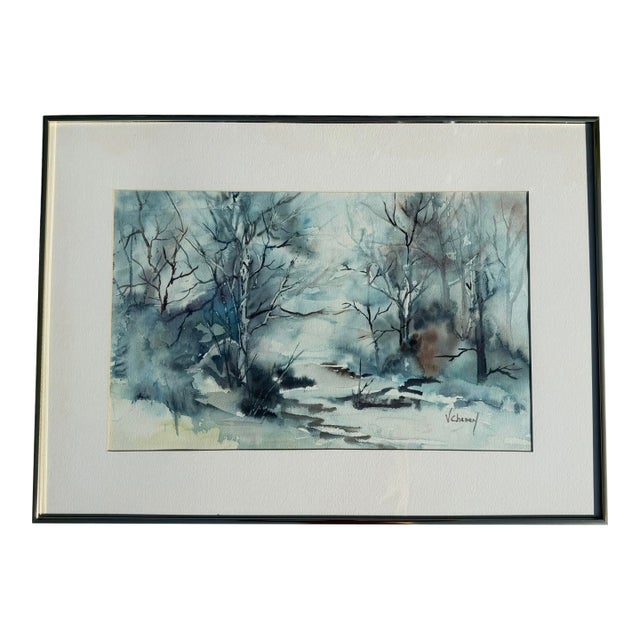 “White Birch” Original Signed Watercolor by Vivian Chasey, Framed For Sale