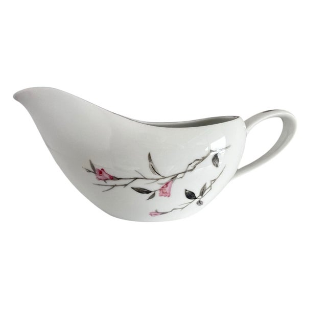 1950s Vintage Cherry Blossom Gravy Boat Fine China 1067, Made in Japan Pink White Silver Gray Sakura For Sale - Image 5 of 6