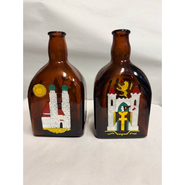 Rustic Vintage Pair of Amber Glass Anton Riemerschmid Liquor Bottles German For Sale - Image 3 of 6