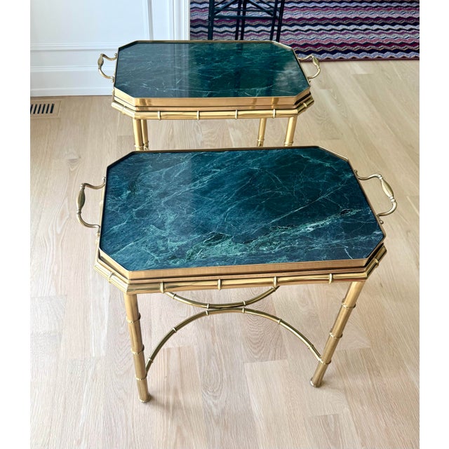 Brass Vintage Pair of Italian Hollywood Regency Faux Bamboo Brass & Verde Marble Butler’s Tray Tables For Sale - Image 8 of 10
