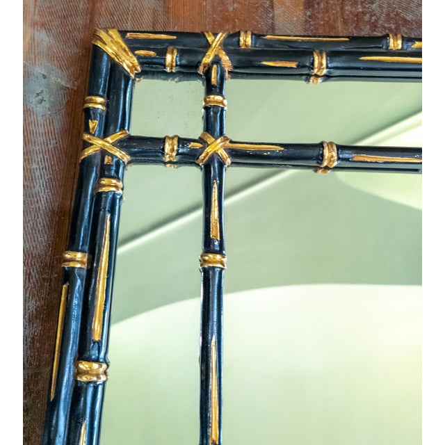 Mid-Century Faux Bamboo Chinoiserie Black and Gold Carved Wood Mirror For Sale - Image 10 of 16