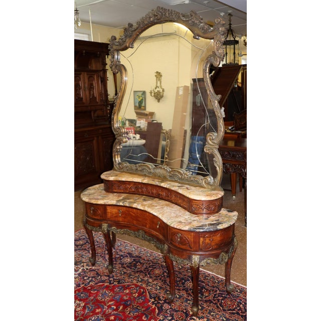 French Louis XV Style Inlaid Walnut Marble Top Etched Mirror Vanity Circa 1920's For Sale - Image 4 of 13
