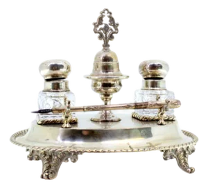 Silver and Glass Inkwell with Bell-Shaped Base, Pen Holder and Raised Feet