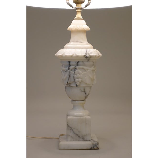 Neoclassical Urn Carved Grapes Leaves Carrara Marble Brass Table Lamp 1930's Italy For Sale - Image 4 of 13