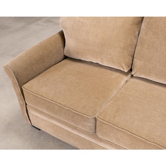 Three Seat Rolled-Arm Sofa and Ottoman in Camel Velvet Us Made For Sale - Image 13 of 18