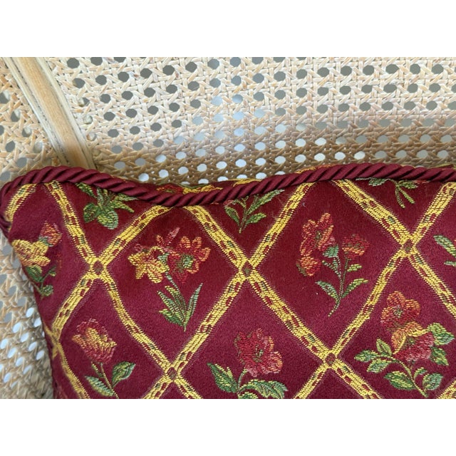 Albert Hadley Late 20th Century Burgundy Floral Trellis Tapestry Lumbar Pillow With Rope Trim For Sale - Image 4 of 7