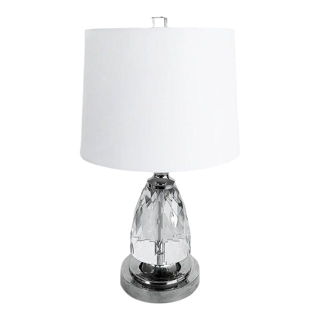 Faceted Glass, Chrome Table Lamp, Drum Shade. Lucite Finial For Sale