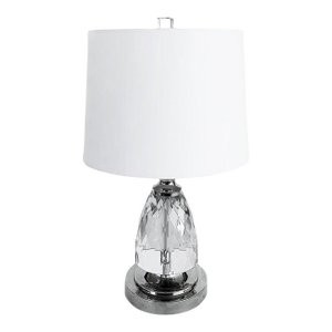 Faceted Glass, Chrome Table Lamp, Drum Shade. Lucite Finial