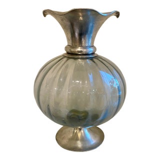1980s Arte Italica Giovanna Hand Blown Glass & Pewter Fluted Vase, Made in Italy For Sale