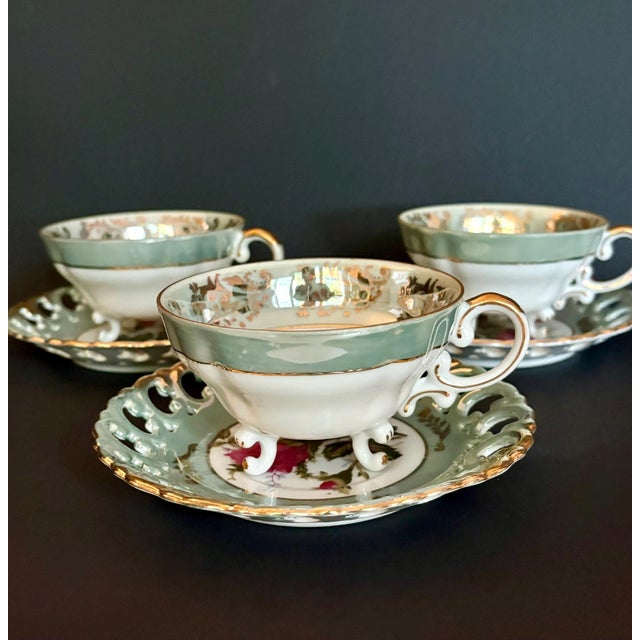 Victorian Vintage Royal Sealy Teacup & Saucer: Iridescent Green China With Pink Roses - Sold Individually Per Set For Sale - Image 3 of 11