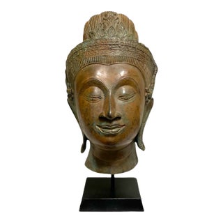Thai Bronze Buddha Head Statue Vintage Ayutthaya Style Bust Sculpture Decor For Sale