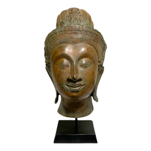 Thai Bronze Buddha Head Statue Vintage Ayutthaya Style Bust Sculpture Decor