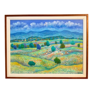 Late 20th Century Landscape With Village Oil Painting by Aurelio Pescina For Sale