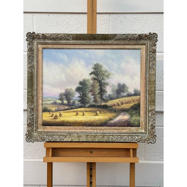 Vintage Painting of Harvest Time in the English Countryside by British Artist 1990 Circa For Sale - Image 11 of 17