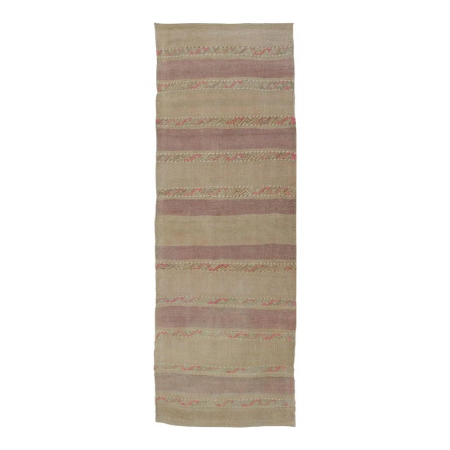 Mid 20th Century Vintage Hand Woven Turkish Kilim Runner With Stripes Purple Taupe and Tan For Sale