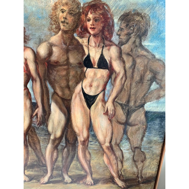 Original oil painting on canvas. Strip frame. Vintage Male & Female bodybuilders in bikinis and thongs posing on the beach...