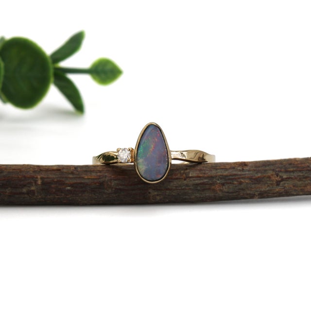 Art Deco Australian Boulder Opal Ring With a Diamond Accent in Solid 14k Yellow Gold, Size 6.75 For Sale - Image 3 of 9
