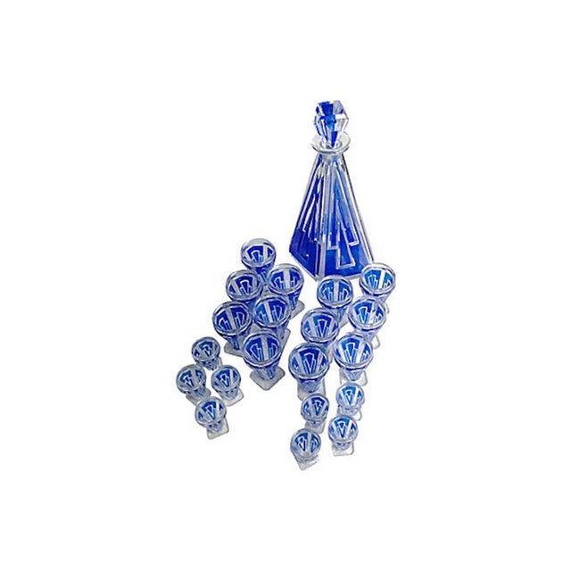 Art Deco Vintage French Art Deco Cobalt Decanter & Glassware, Set of 21 For Sale - Image 3 of 12