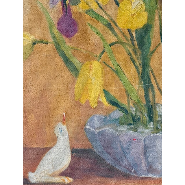 Early 20th Century Art Deco Still Life of Irises and Tulips With Bird, Oil on Board, Framed For Sale - Image 10 of 13