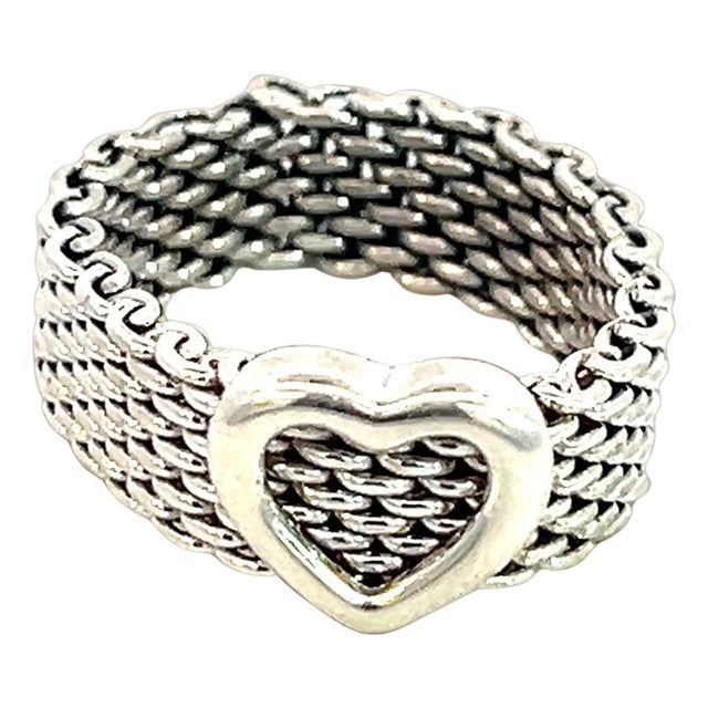 1990s Tiffany & Co Estate Somerset Heart Ring Size 5.5 Sterling Silver 6.5 mm For Sale