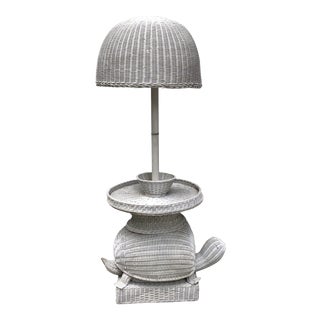 Palm Beach Style Wicker Turtle Floor Lamp with Small Table and Matching Shade For Sale